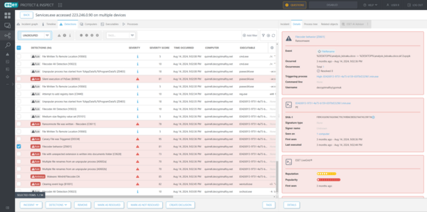 Correlated detections from the incident generated by Incident Creator for the LockBit scenario