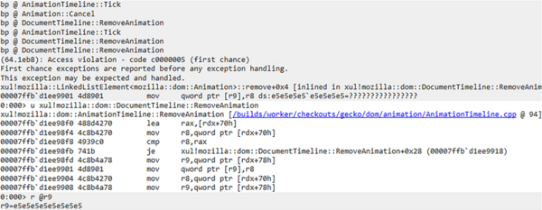 図8. ダングリングポインタを操作中に、AnimationTimeline::RemoveAnimationでクラッシュしたコールスタック