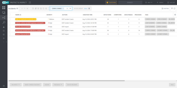 The Incidents view in ESET Inspect for the config change run