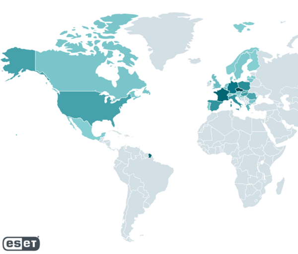 Heatmap of potential victims, highlighted North American and European states