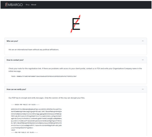 図1. EmbargoのリークサイトにあるAboutページ