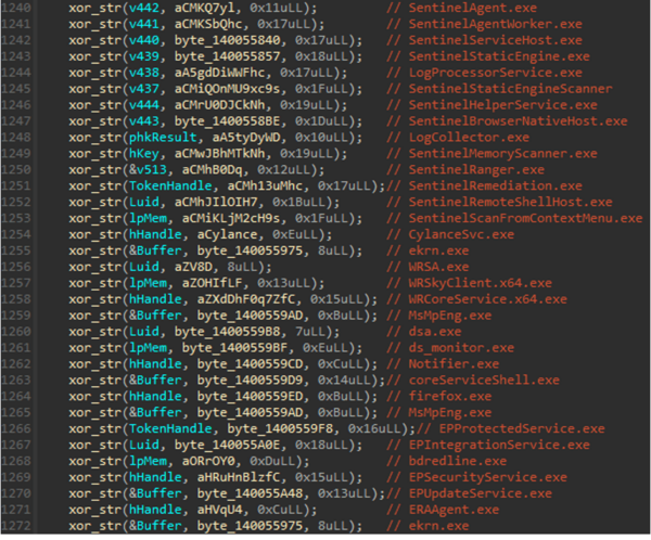 図10. MS4Killerの検体に暗号化され埋め込まれていたセキュリティソフトウェアのプロセス名の例