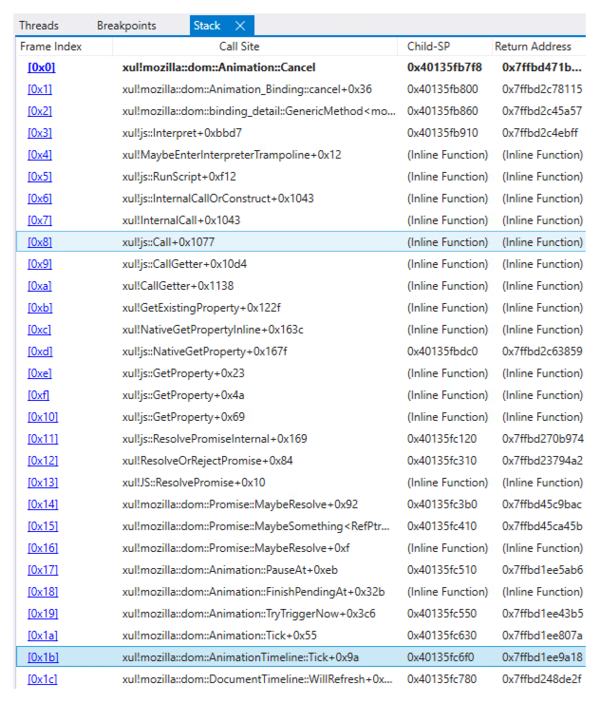 図6. Animation::Tickメソッドから呼び出されたgetter関数によってキャンセルされるアニメーションのコールスタック。